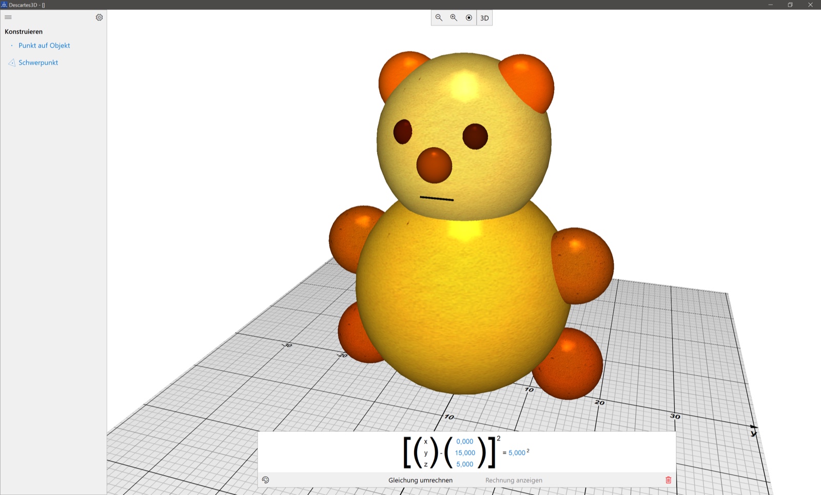 Descartes3D – aus Kugeln zusammengesetztes 3D-Modell eines Teddybären auf dem Koordinatengitter