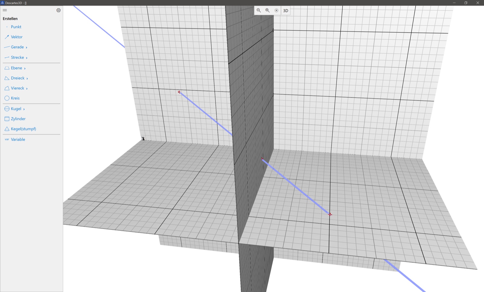 Descartes3D – Konstruktionsmenü mit windschiefen Geraden im dreidimensionalen Koordinatensystem