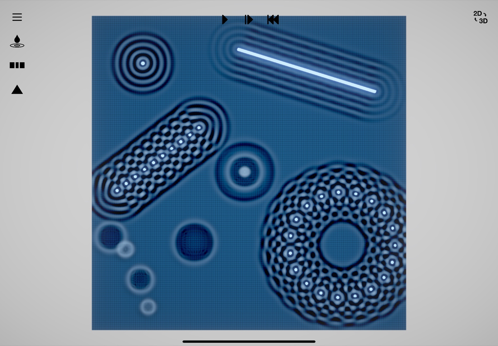 Huygens3D – Draufsicht mit Beugung, Interferenz und ebenen Wellen zugleich (2D-Modus)