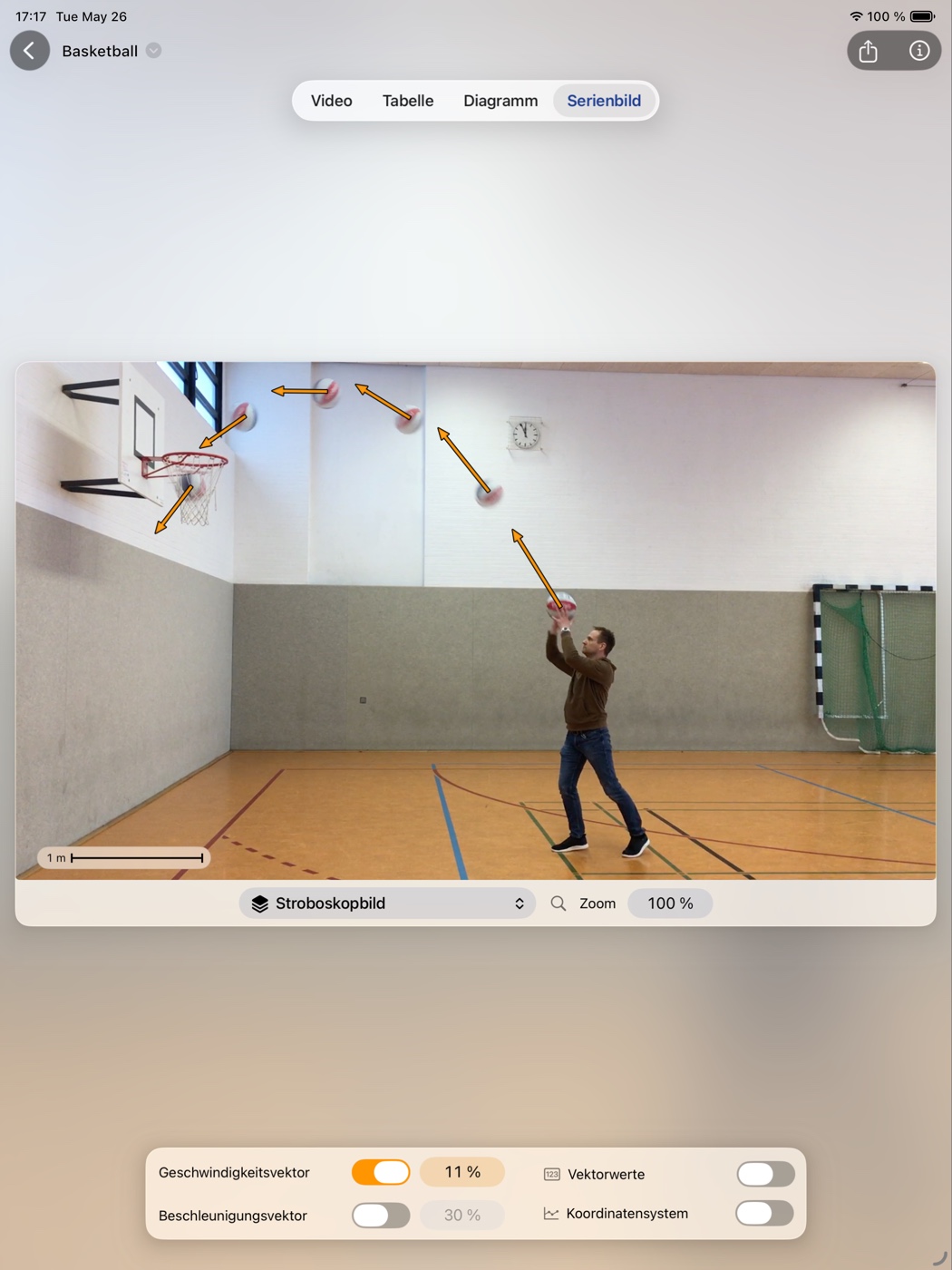NewtonDV – Stroboskopbild eines Basketballwurfs mit Geschwindigkeitsvektoren
